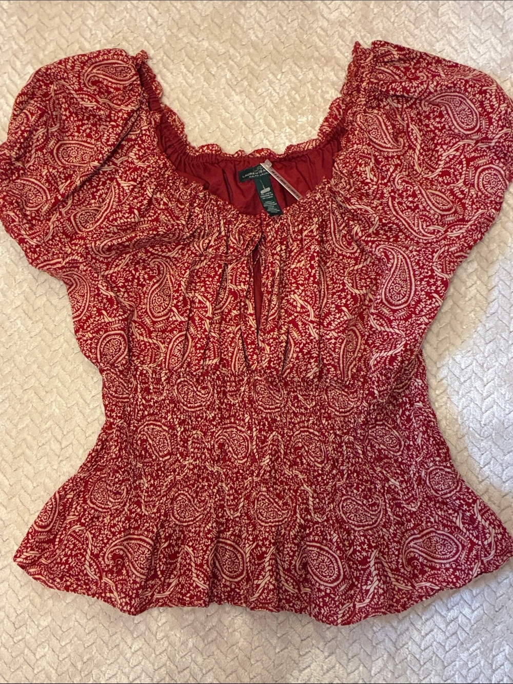 Ralph Lauren Red Paisley Smocked Peasant Top